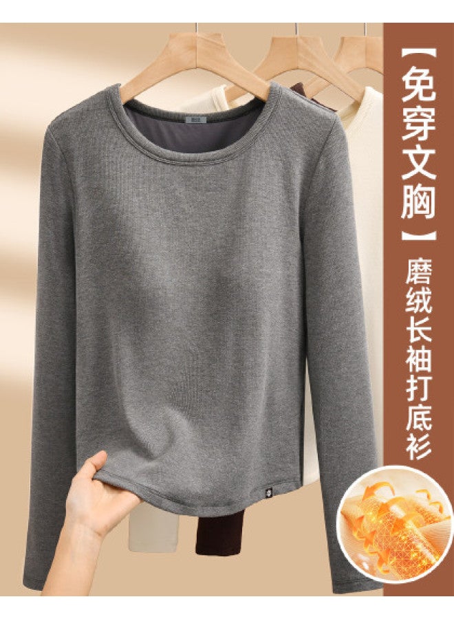 Flying in the snow Women's Warm Thermal Underwear With Built-in Bra, Fleece Lined Round Neck T-shirt, Base Layer Top For Autumn And Winter - Image 1