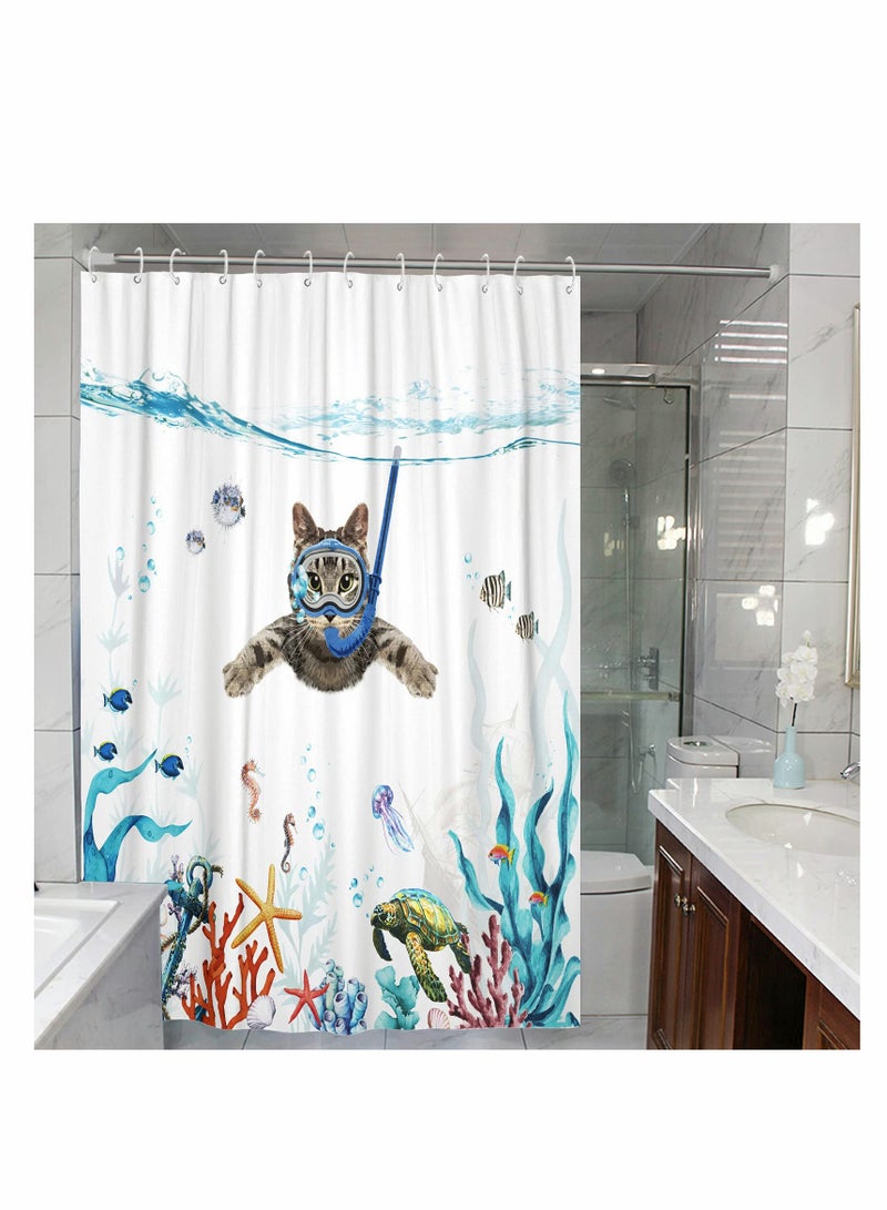 Excefore طرحة دش قط فكاهي، أكمام بحرية زرقاء حيوانات محيطية قماش مقاوم للماء لستحمام قياسي، طرحة لتزيين الحمام، مجموعة طرحة دش قماشية قابلة للغسل 72''×72'' - Image 1