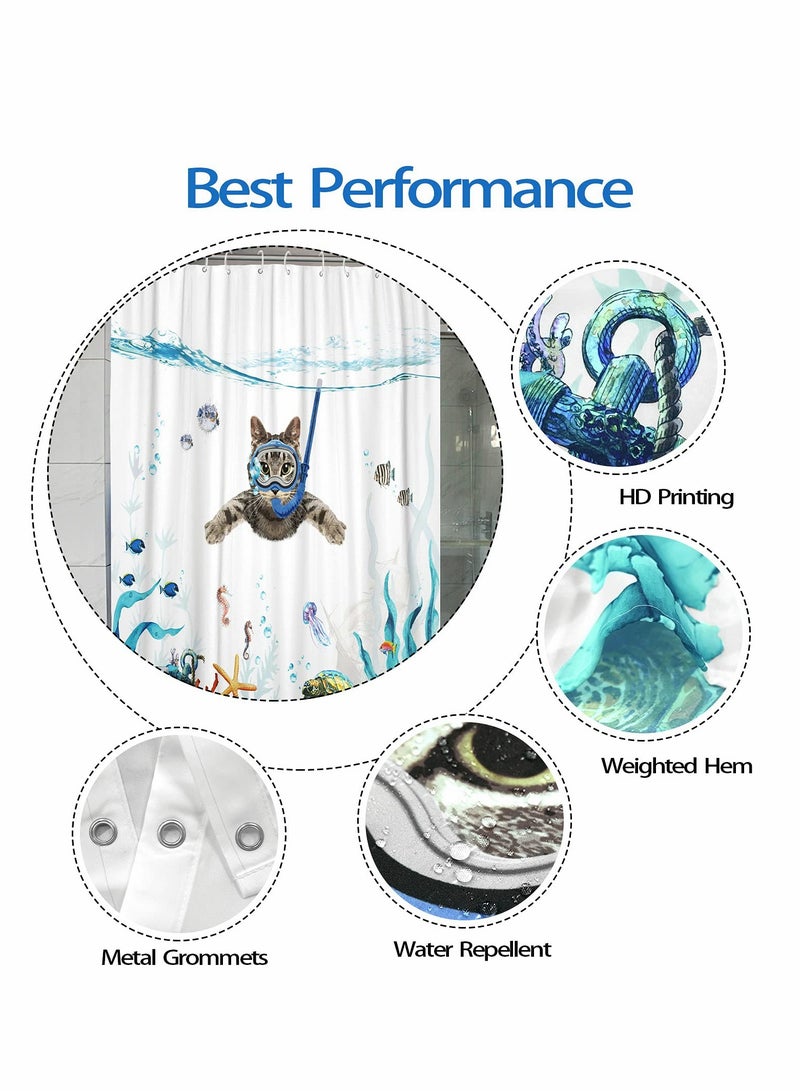 Excefore طرحة دش قط فكاهي، أكمام بحرية زرقاء حيوانات محيطية قماش مقاوم للماء لستحمام قياسي، طرحة لتزيين الحمام، مجموعة طرحة دش قماشية قابلة للغسل 72''×72'' - Image 4