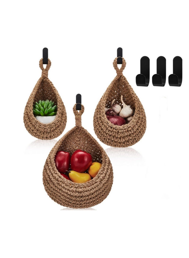 3Pcs Boho Wall Hanging Fruit Baskets for Kitchen Woven Vegetable Storage Basket with Strong Hooks for Potato Onion Tomato Teardrop Home Organizing - Image 1