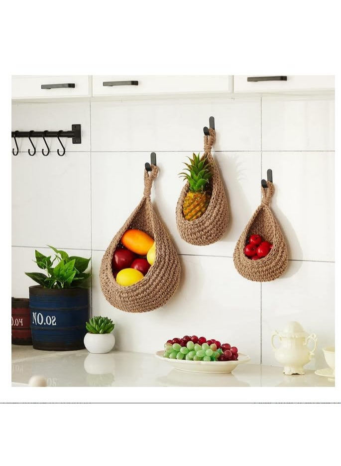 3Pcs Boho Wall Hanging Fruit Baskets for Kitchen Woven Vegetable Storage Basket with Strong Hooks for Potato Onion Tomato Teardrop Home Organizing - Image 2