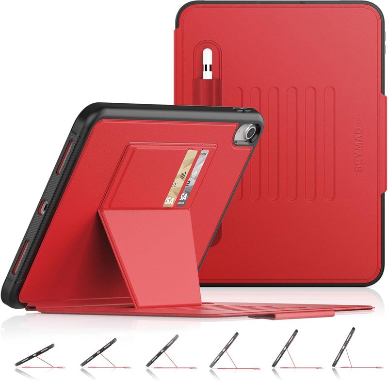 SEYMAC stock حافظة SEYMAC المخزنة لجهاز iPad (A16) الجيل الحادي عشر/العاشر 11 بوصة/10.9 بوصة، حافظة مغناطيسية قوية مقاومة للصدمات مع حامل متعدد الزوايا ممتص، حامل قلم، فتحة بطاقة (أحمر) - Image 1