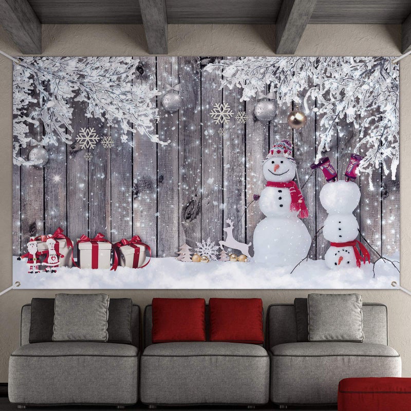 Blulu Christmas Backdrop for Photography, Fabric Wood Winter Snowman Merry Party New Year Props(72.8 x 43.3 Inch)