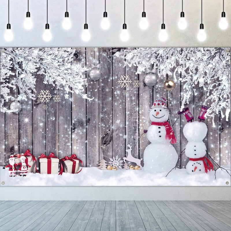 Blulu Christmas Backdrop for Photography, Fabric Wood Winter Snowman Merry Party New Year Props(72.8 x 43.3 Inch)