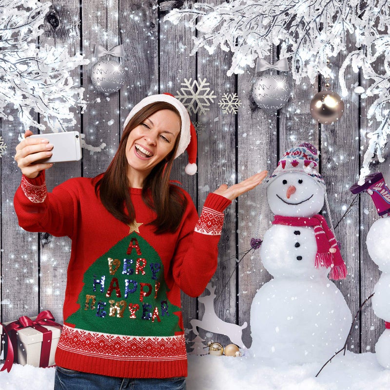 Blulu Christmas Backdrop for Photography, Fabric Wood Winter Snowman Merry Party New Year Props(72.8 x 43.3 Inch)