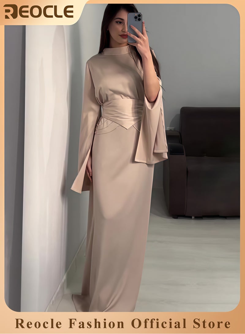 ريوكل فستان نسائي من الساتان بأكمام طويلة سادة بأكمام طويلة فساتين حفلات نسائية بأكمام طويلة فستان حفلات سادة نصف سادة نصف تنورة طويلة برقبة عالية تنورة طويلة منقسمة الأكمام مشدودة الخصر للتنقل وحفلات الحفلات وحفلات الكوكتيل - Image 1