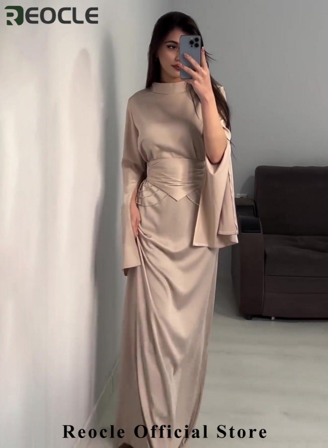 ريوكل فستان نسائي من الساتان بأكمام طويلة سادة بأكمام طويلة فساتين حفلات نسائية بأكمام طويلة فستان حفلات سادة نصف سادة نصف تنورة طويلة برقبة عالية تنورة طويلة منقسمة الأكمام مشدودة الخصر للتنقل وحفلات الحفلات وحفلات الكوكتيل - Image 2