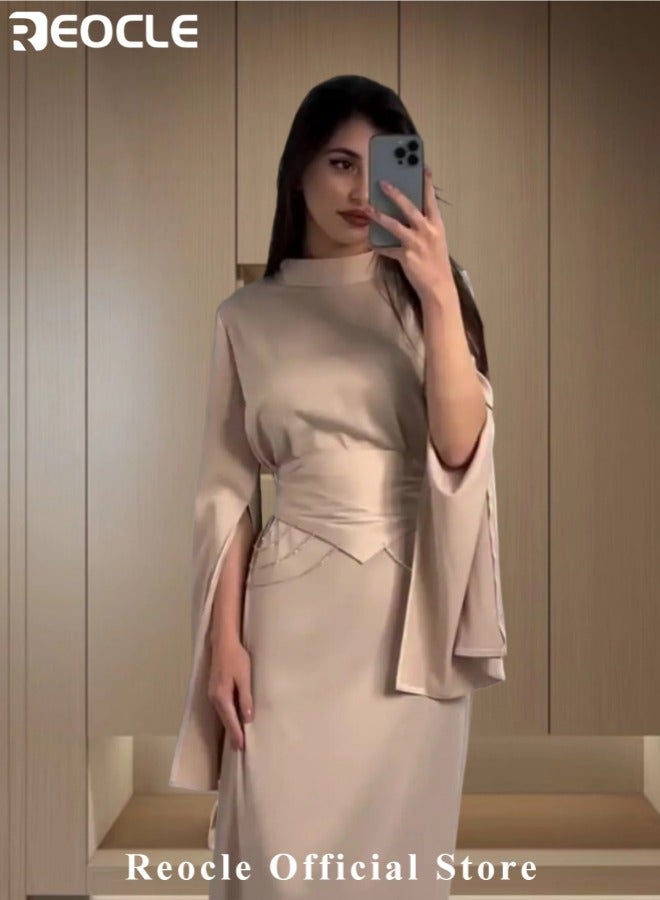 ريوكل فستان نسائي من الساتان بأكمام طويلة سادة بأكمام طويلة فساتين حفلات نسائية بأكمام طويلة فستان حفلات سادة نصف سادة نصف تنورة طويلة برقبة عالية تنورة طويلة منقسمة الأكمام مشدودة الخصر للتنقل وحفلات الحفلات وحفلات الكوكتيل - Image 3