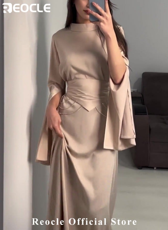 ريوكل فستان نسائي من الساتان بأكمام طويلة سادة بأكمام طويلة فساتين حفلات نسائية بأكمام طويلة فستان حفلات سادة نصف سادة نصف تنورة طويلة برقبة عالية تنورة طويلة منقسمة الأكمام مشدودة الخصر للتنقل وحفلات الحفلات وحفلات الكوكتيل - Image 4