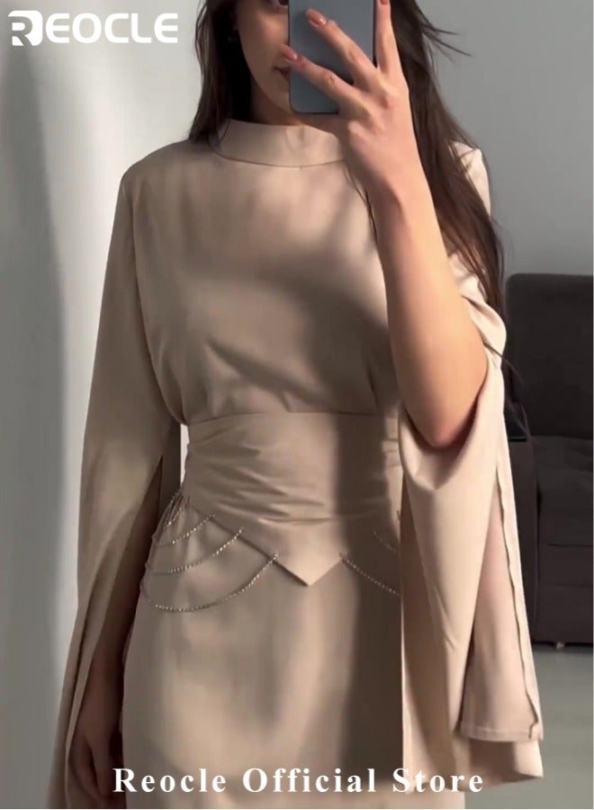 ريوكل فستان نسائي من الساتان بأكمام طويلة سادة بأكمام طويلة فساتين حفلات نسائية بأكمام طويلة فستان حفلات سادة نصف سادة نصف تنورة طويلة برقبة عالية تنورة طويلة منقسمة الأكمام مشدودة الخصر للتنقل وحفلات الحفلات وحفلات الكوكتيل - Image 5