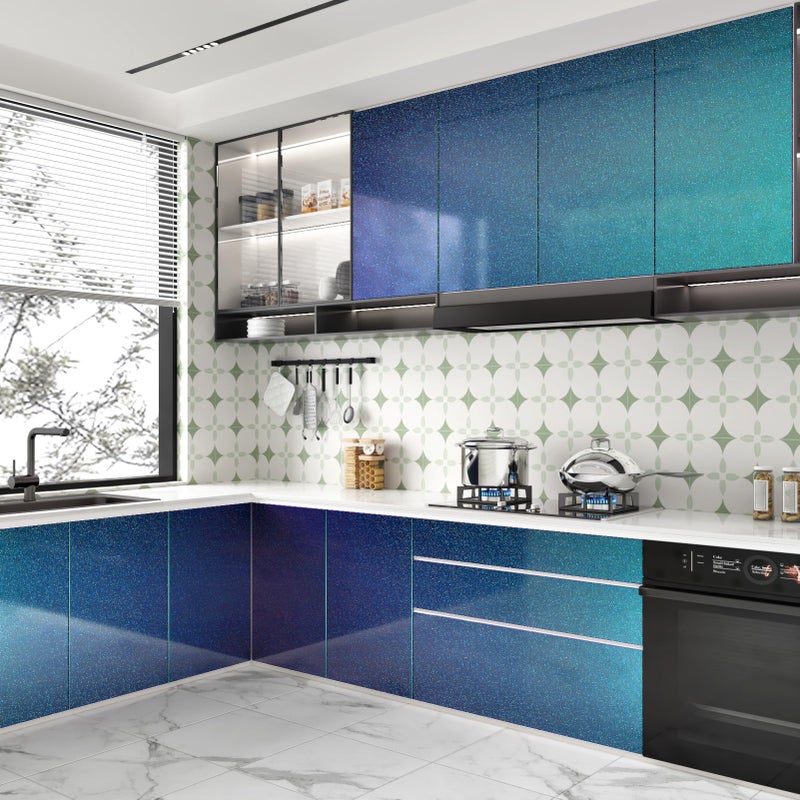 Wallercity Shiny Teal Glitter Peel and Stick Wallpaper 15.8''x78.7'' Green/Blue Glitter Contact Paper for Countertops Cabinet Shelf Liner Self Adhesive Removable Glossy Vinyl Wrap for Bathroom Kitchen - Image 2