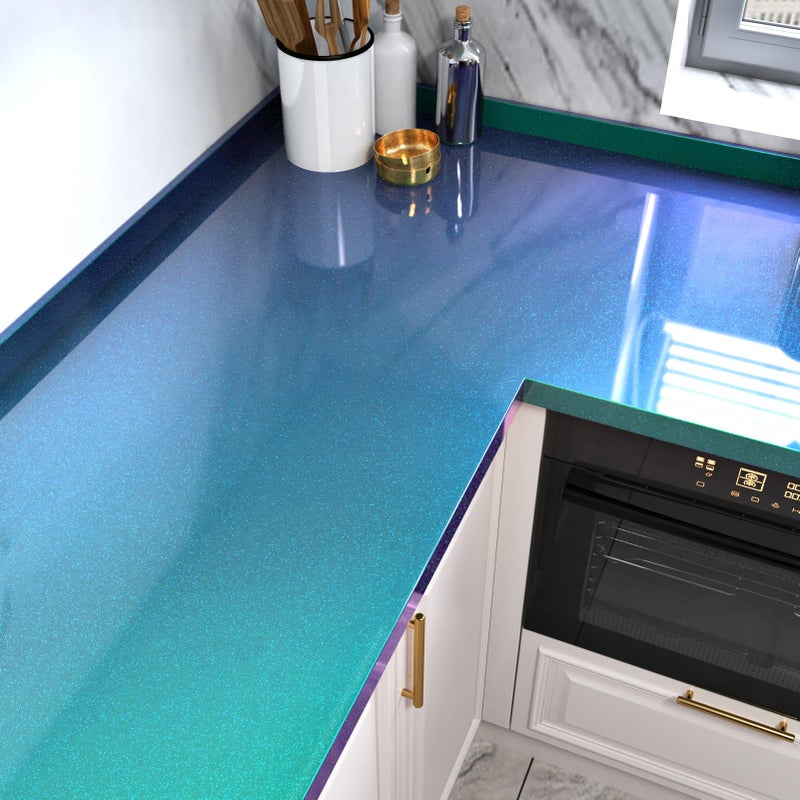 Wallercity Shiny Teal Glitter Peel and Stick Wallpaper 15.8''x78.7'' Green/Blue Glitter Contact Paper for Countertops Cabinet Shelf Liner Self Adhesive Removable Glossy Vinyl Wrap for Bathroom Kitchen - Image 3