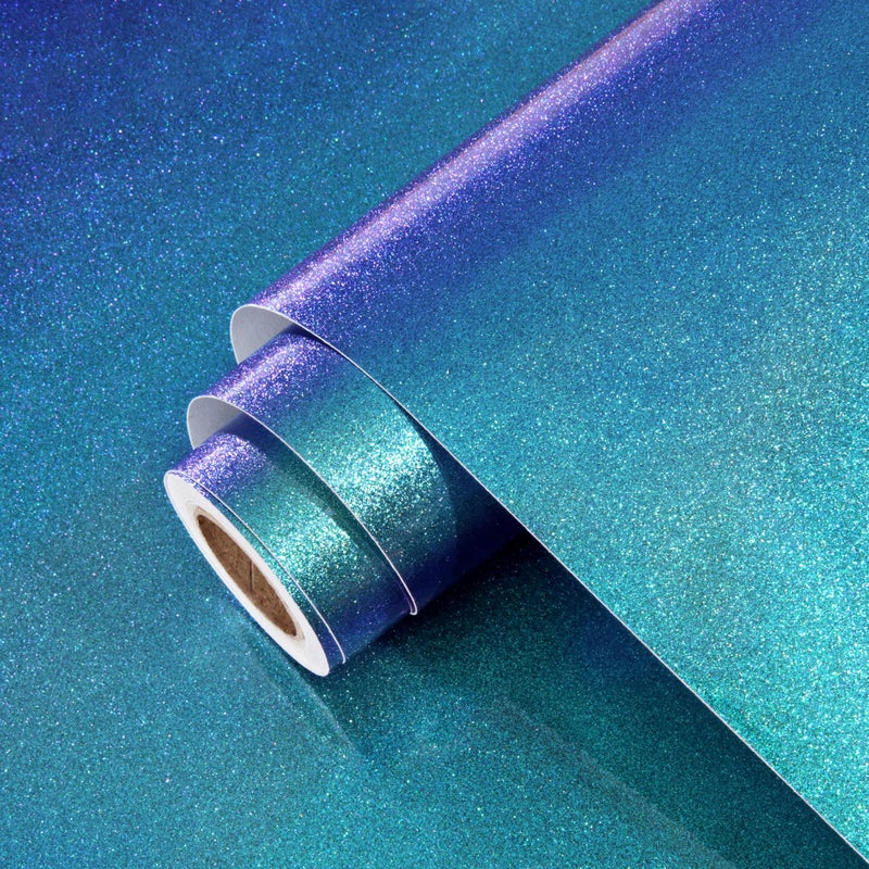 Wallercity Shiny Teal Glitter Peel and Stick Wallpaper 15.8''x78.7'' Green/Blue Glitter Contact Paper for Countertops Cabinet Shelf Liner Self Adhesive Removable Glossy Vinyl Wrap for Bathroom Kitchen - Image 1