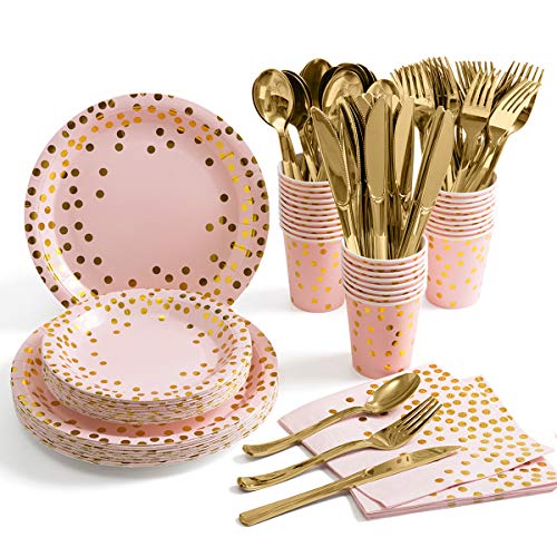 HOMIX Pink and Gold Party Supplies Disposable 175Pcs Gold Dots on Pink Paper Plates Cups and Napkins Gold Plastic Knives Spoons Forks for Baby Shower Wedding Party Bridal Shower Serves 25