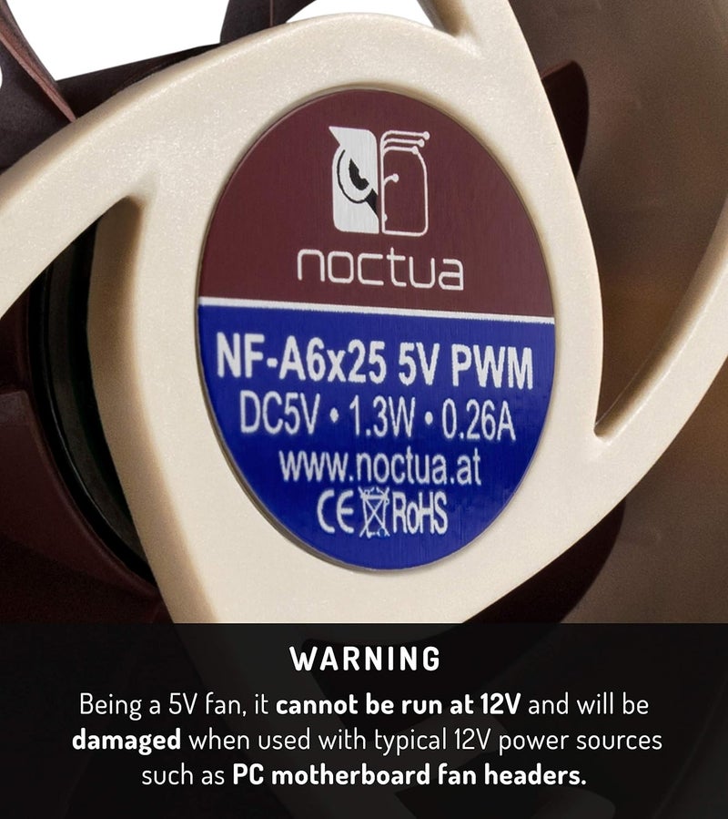 NOCTUA Noctua NFA6x25 5V PWM Premium Quiet Fan 4Pin 5V Version 60mm Brown  - Image 3