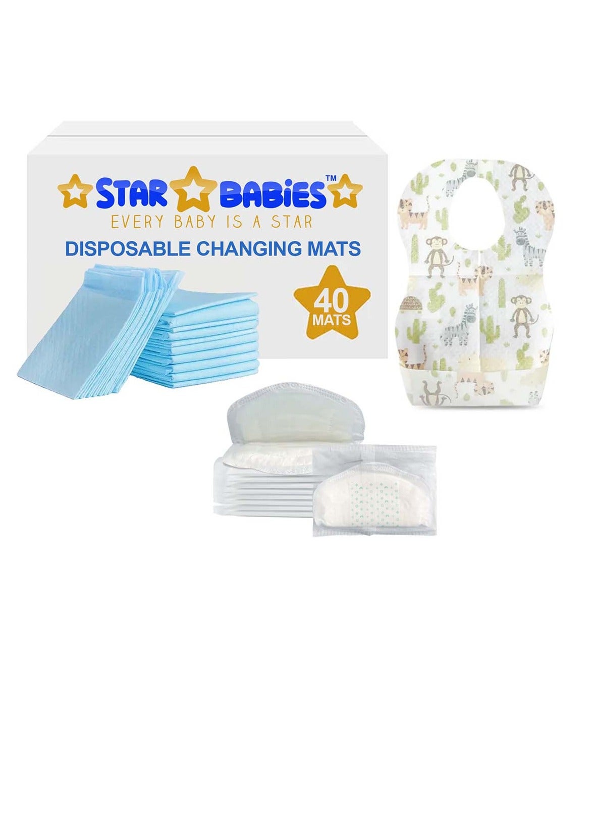 Star Babies Combo Pack (Disposable Changing mat 40pcs, Disposable Bibs 40pcs with Disposable Breast Pad 10pcs) - Blue