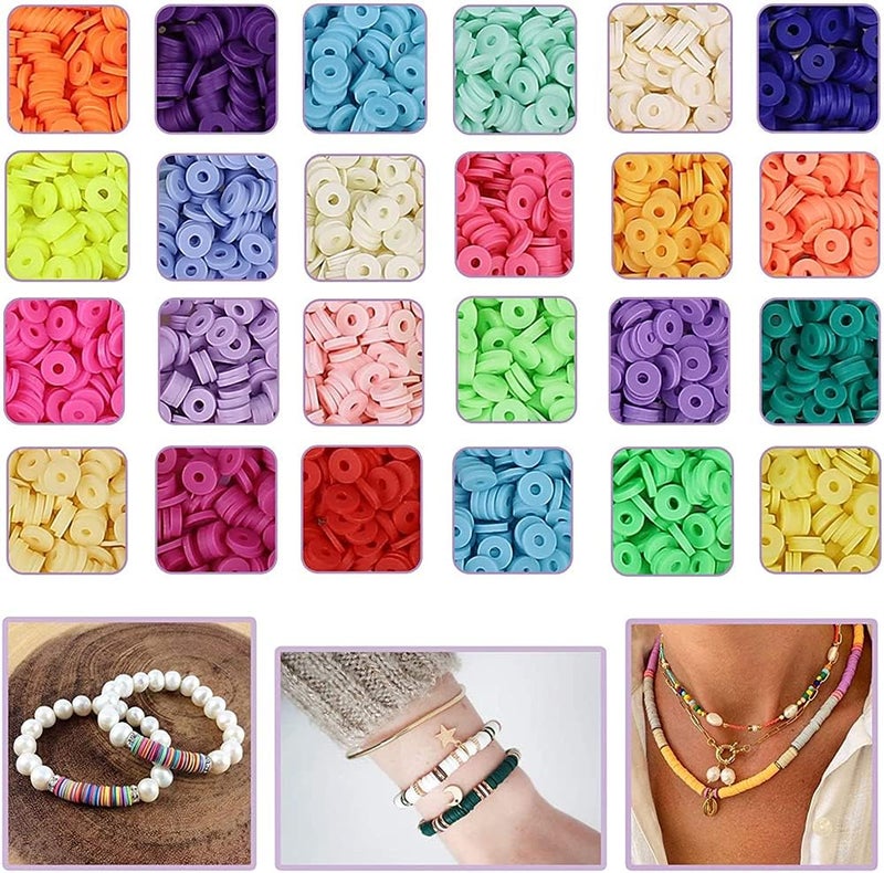 Clay Beads, Flat Round Premium Polymer Heishi Beads with Elastic Rope and Container Box Jewelry Making for Handmade Necklace Bracelet Earring DIY Craft Kit, 24 Bright Colors, 6 Mm - Image 3