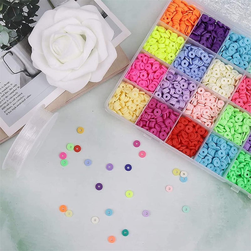 Clay Beads, Flat Round Premium Polymer Heishi Beads with Elastic Rope and Container Box Jewelry Making for Handmade Necklace Bracelet Earring DIY Craft Kit, 24 Bright Colors, 6 Mm - Image 4