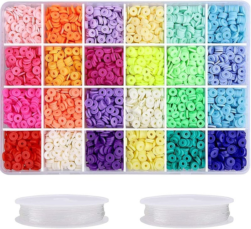 Clay Beads, Flat Round Premium Polymer Heishi Beads with Elastic Rope and Container Box Jewelry Making for Handmade Necklace Bracelet Earring DIY Craft Kit, 24 Bright Colors, 6 Mm - Image 1