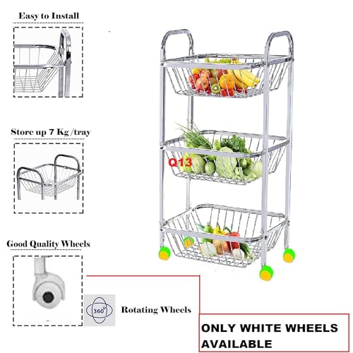 Q13® Stainless Steel Fruit & Vegetable 3 Layer Stand Kitchen Trolley/Organizer - Onion Potato Rack (3 Tier Trolly) - Image 5