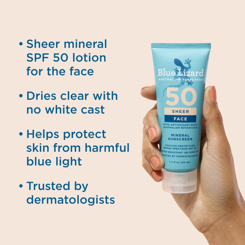 Blue Lizard Sheer Face Mineral SPF 50 Sunscreen Lotion, 100% Mineral Formula, Blue Light Protection, Lightweight, No White Cast, Nourishes and Hydrates, Paraben-Free, Fragrance-Free, 1.7 fl oz - Image 2