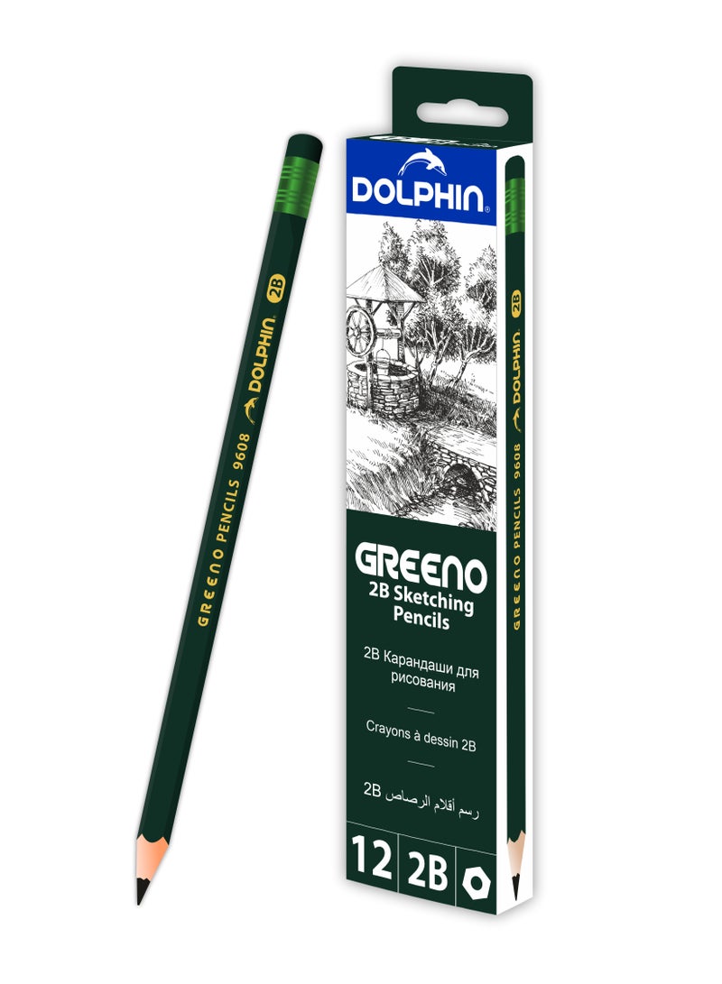 Dolphin 2B Sketching Pencils – Hexagonal Shape, Smooth & Dark Graphite Lead, Pack of 12 for Drawing & Shading