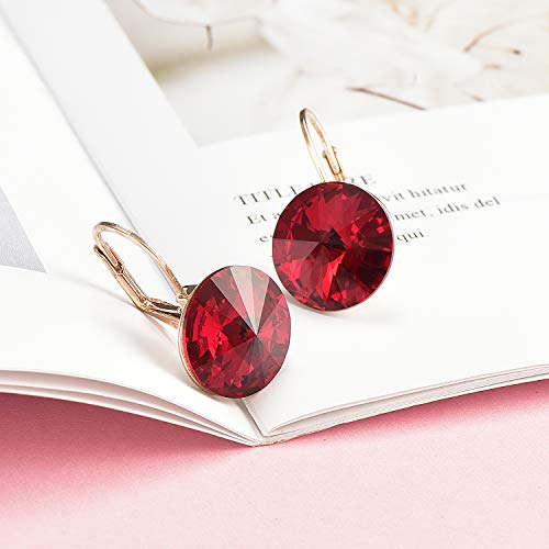 EVEVIC Austrian Crystal Round Drop Leverback Earrings for Women 14K Rose Gold Plated Hypoallergenic Jewelry (Red) - Image 3