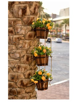 Generic FFD  Wooden Pot Hanging Planter with 3 Handcrafted Pots & Solid Wooden Holder – Rustic Decorative Planter with Rope and Wooden Hanger for Indoor Flowers & Artificial Plants  - Image 1