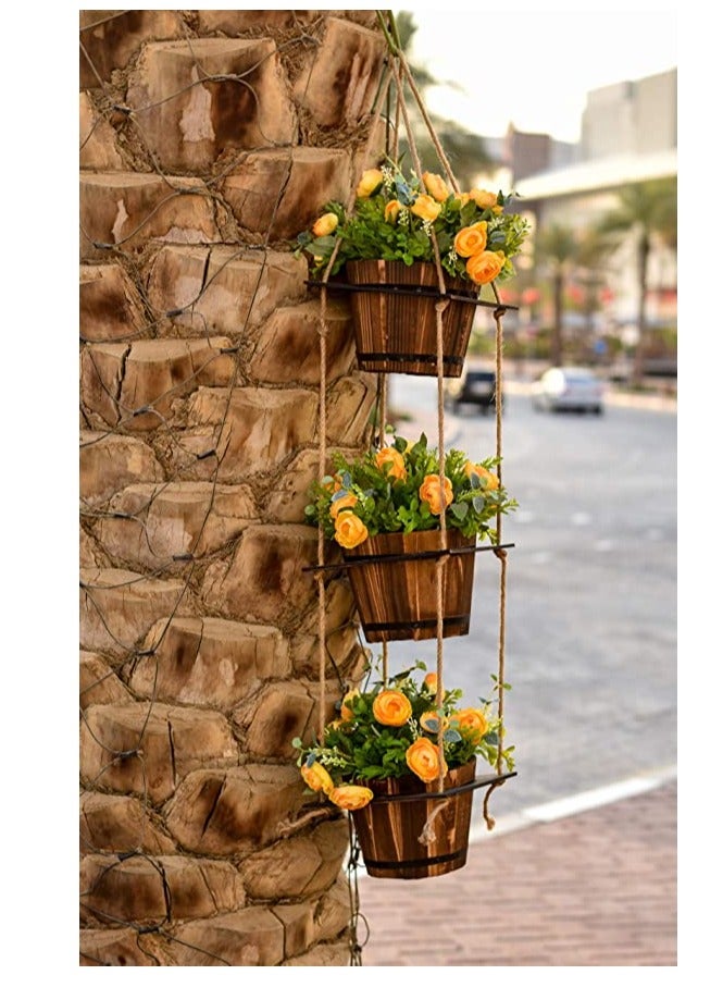 Generic FFD  Wooden Pot Hanging Planter with 3 Handcrafted Pots & Solid Wooden Holder – Rustic Decorative Planter with Rope and Wooden Hanger for Indoor Flowers & Artificial Plants  - Image 1