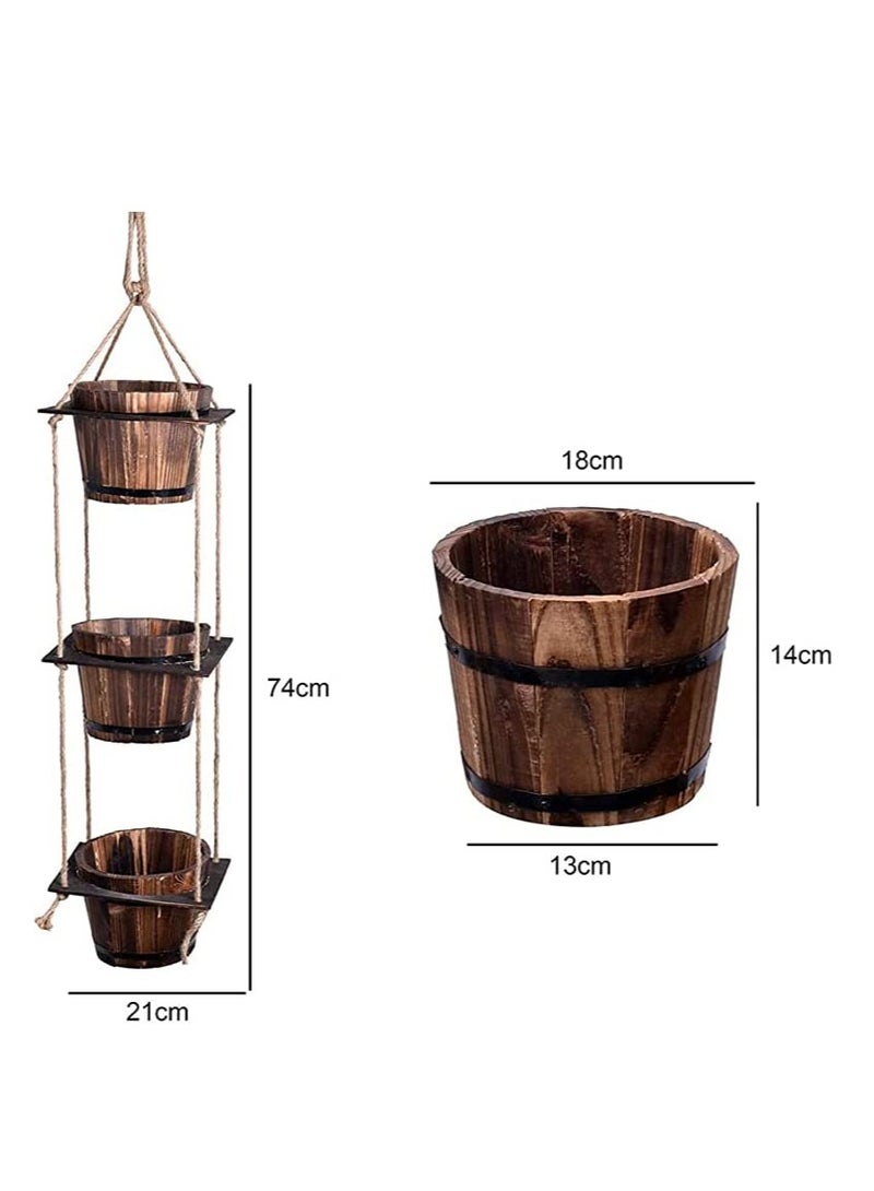 Generic FFD  Wooden Pot Hanging Planter with 3 Handcrafted Pots & Solid Wooden Holder – Rustic Decorative Planter with Rope and Wooden Hanger for Indoor Flowers & Artificial Plants  - Image 2