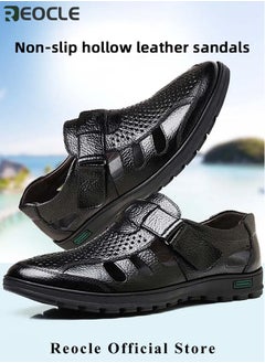 REOCLE Men's Sandals Closed Toe Strappy Sandals Summer Office Loafers Leather Walking Slip-on Casual Oxfords Made of Breathable Cowhide Material  - Image 3