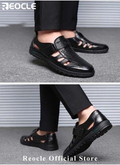 REOCLE Men's Sandals Closed Toe Strappy Sandals Summer Office Loafers Leather Walking Slip-on Casual Oxfords Made of Breathable Cowhide Material  - Image 2