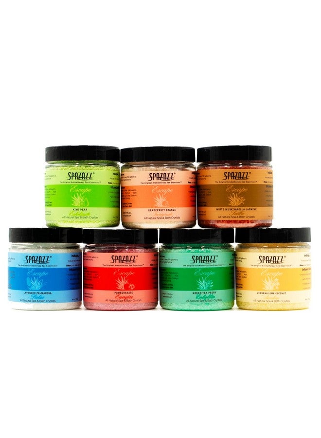 spazazz & Spa Bath Salt Aromatherapy Crystals - Spazazz Escape Collection 4 Oz 7-Pack Sampler & Hot Cold Towel - Lavender, Lime Coconut, Green Tea, Vanilla Jasmine, Kiwi Pear, Grapefruit, Pomegranate - Image 1