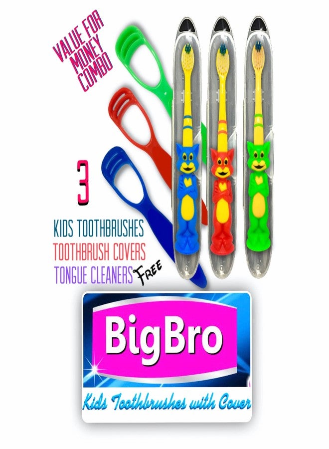 BigBro Kids Manual Toothbrush Extra Soft Bristles With Toothbrush Case Cover Cartoon Shape Age 2+ Super Saver Pack Of 3 Plus 3 Kids Tongue Cleaners,Multicolor - Image 2