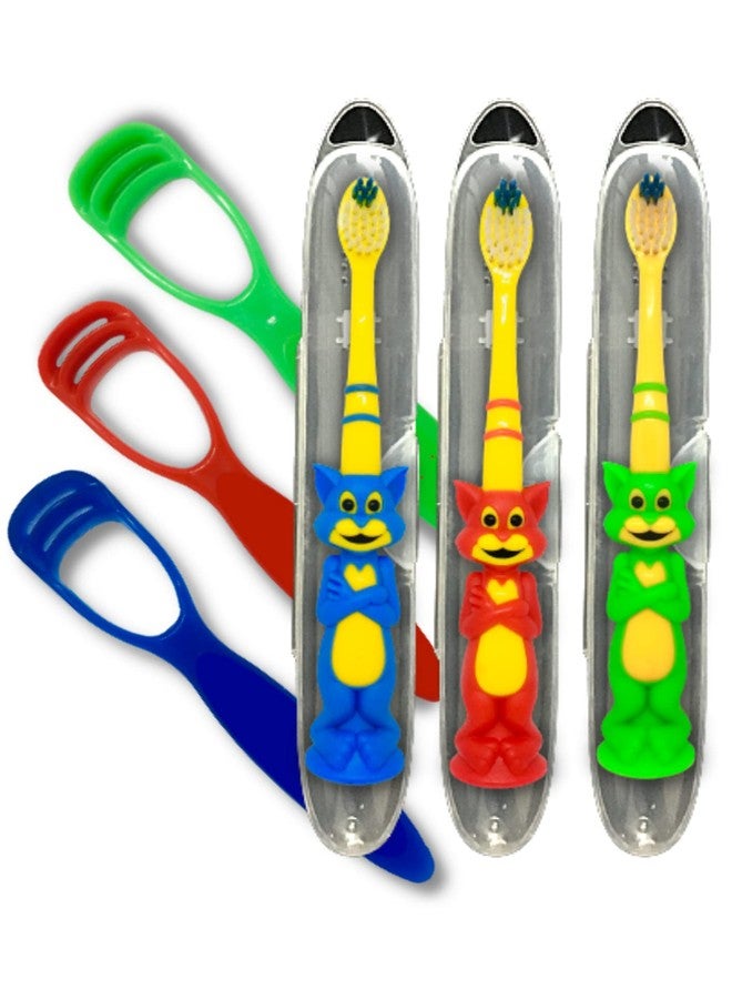 BigBro Kids Manual Toothbrush Extra Soft Bristles With Toothbrush Case Cover Cartoon Shape Age 2+ Super Saver Pack Of 3 Plus 3 Kids Tongue Cleaners,Multicolor - Image 1