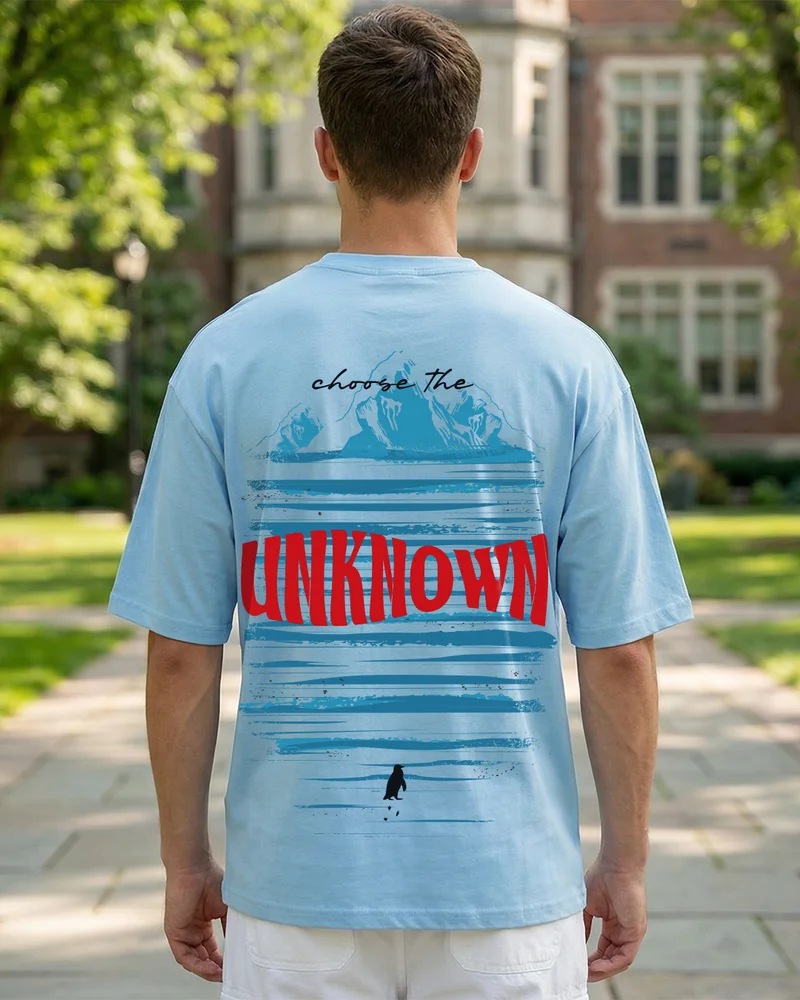 Men's Chambray Blue Be The Penguin Graphic Printed Oversized T-shirt
