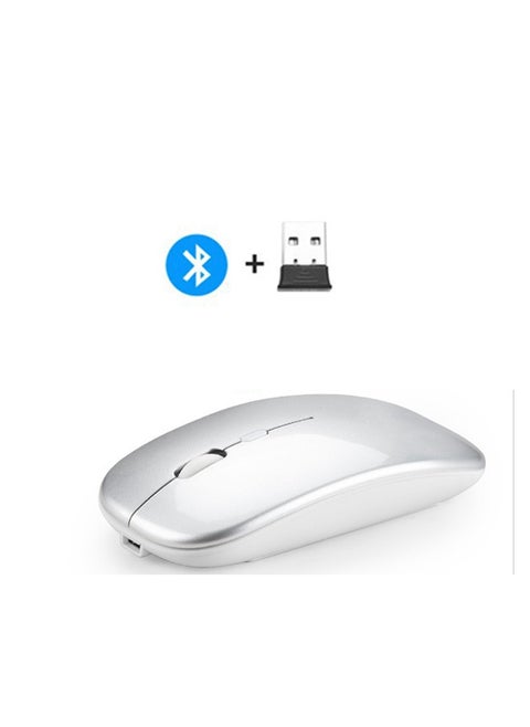 Wireless Bluetooth Mouse, Bluetooth 5.1 + USB, 2.4GHz Rechargeable Silent Bluetooth Wireless Mouse, Computer Mice with USB Receiver(Silver)