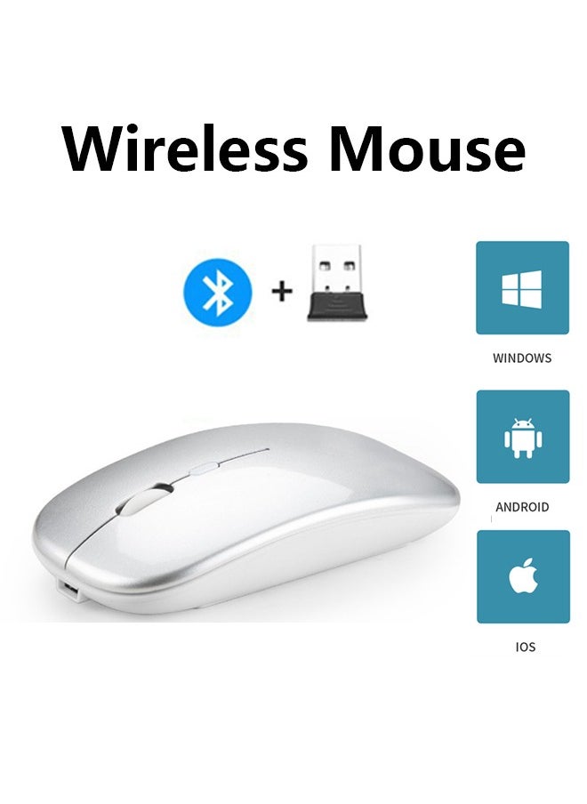 Generic - Wireless Bluetooth Mouse, Bluetooth 5.1 + USB, 2.4GHz Rechargeable Silent Bluetooth Wireless Mouse, Computer Mice with USB Receiver(Silver) - Image 1