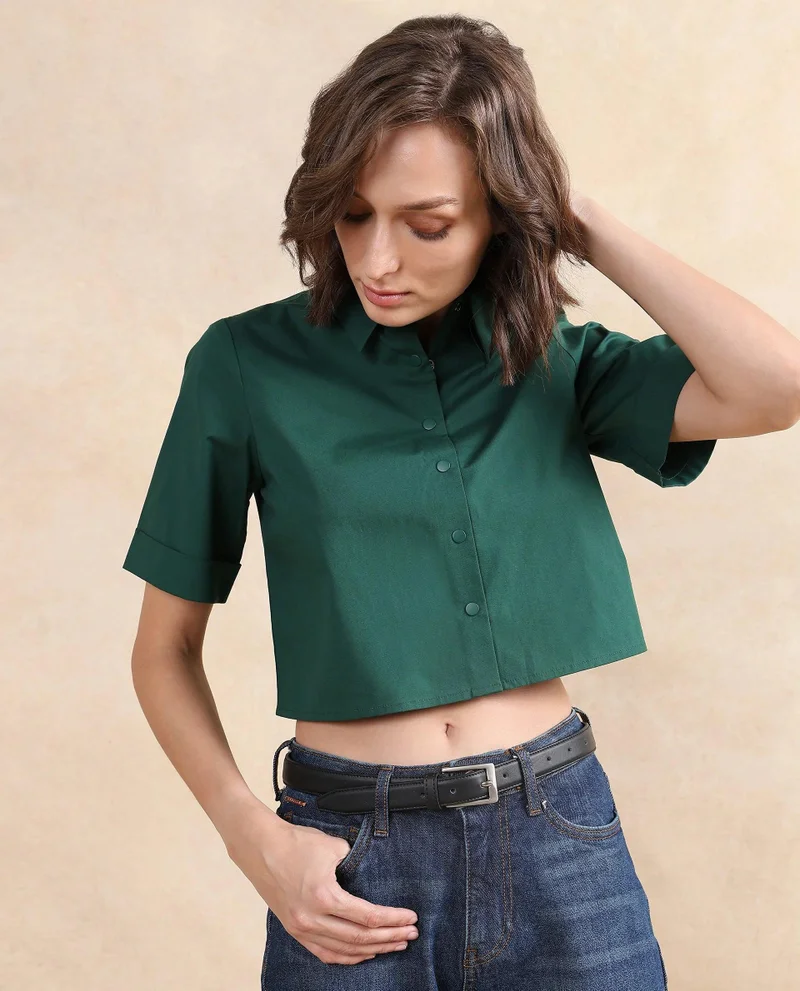 Rareism Women's Collared Crop Shirt