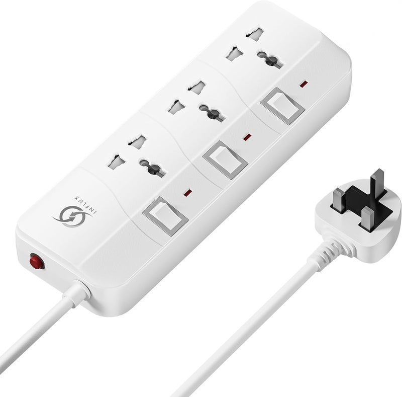 INFLUX 3-Outlet 3-Meter Extension Cord, Multi-Plug Power Extension with Individual Safety Buttons, Ideal for Home, Office - Image 1