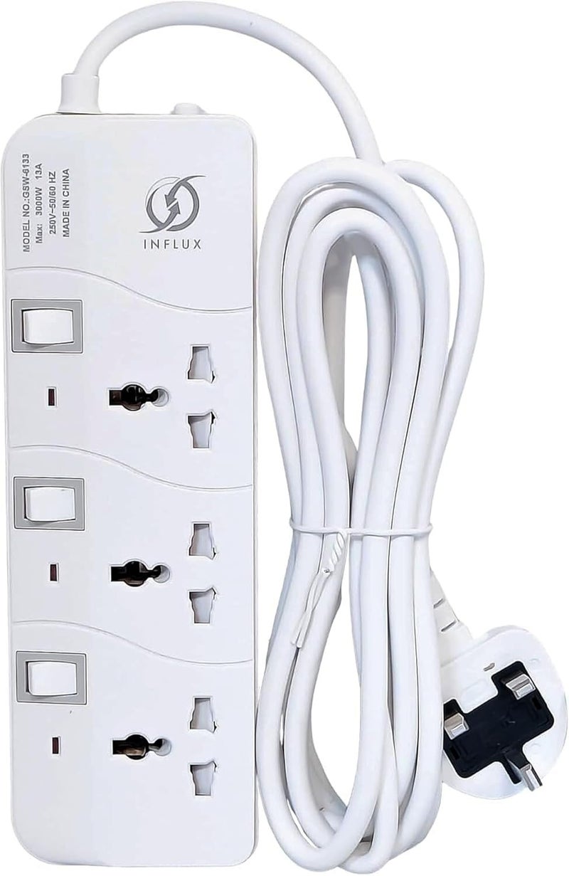 INFLUX 3-Outlet 3-Meter Extension Cord, Multi-Plug Power Extension with Individual Safety Buttons, Ideal for Home, Office - Image 2
