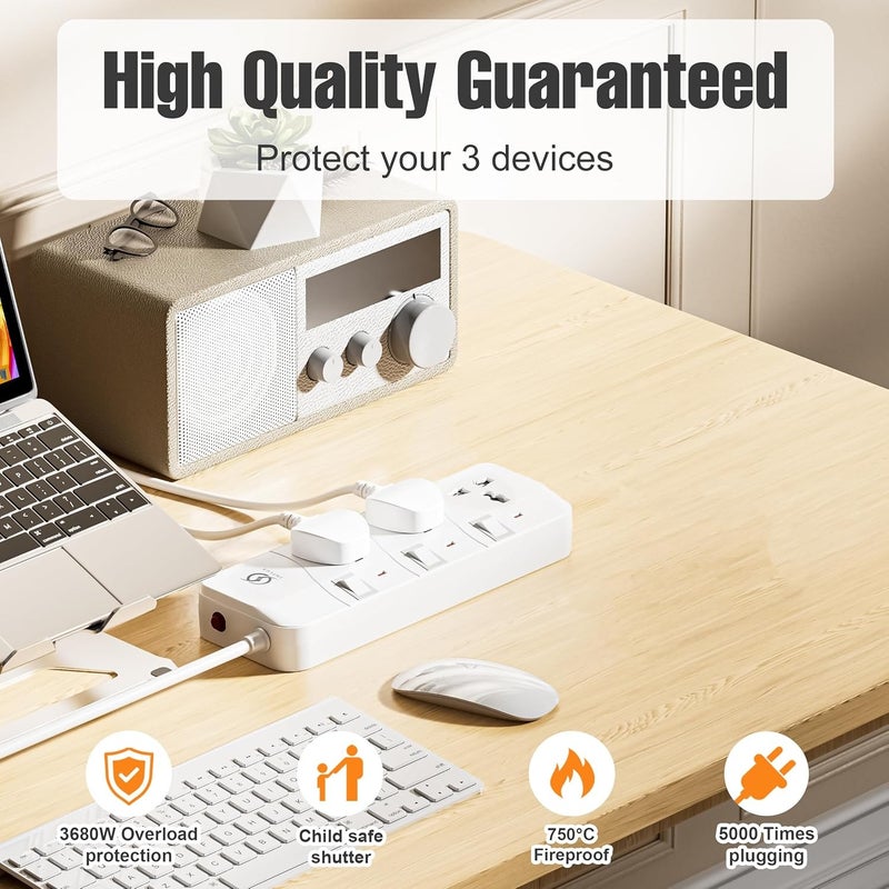 INFLUX 3-Outlet 3-Meter Extension Cord, Multi-Plug Power Extension with Individual Safety Buttons, Ideal for Home, Office - Image 3