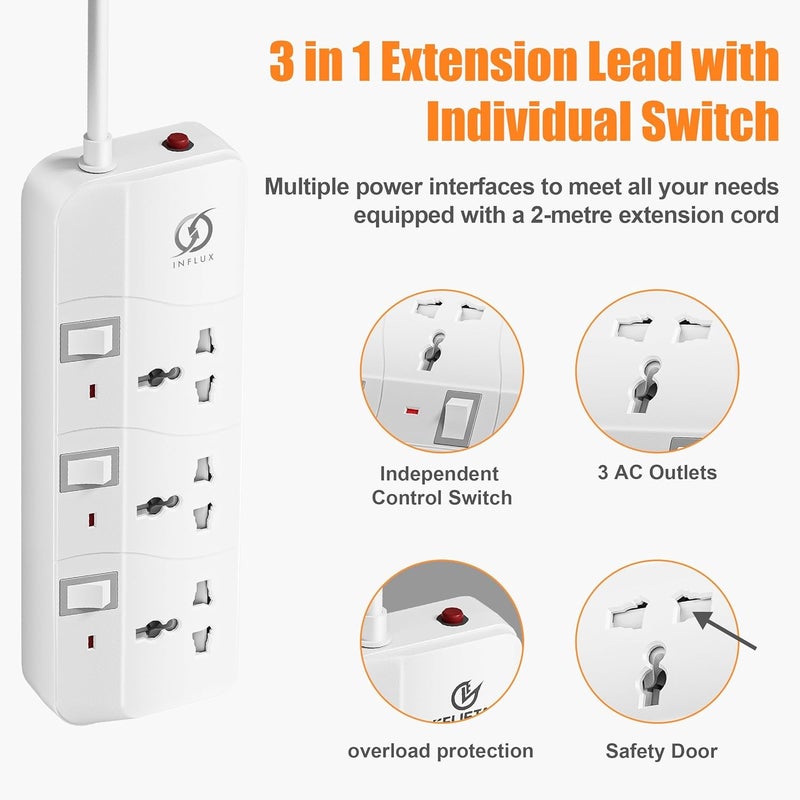 INFLUX 3-Outlet 3-Meter Extension Cord, Multi-Plug Power Extension with Individual Safety Buttons, Ideal for Home, Office - Image 4