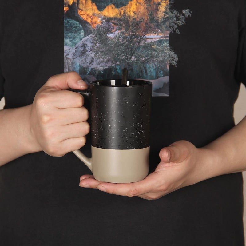 SHOWFULL 16 OZ Large Coffee Mug, Two Color Combination Big Ceramic Tea Cup with Square Handle with White Speckled for Men Women Restaurant Home Office Hot Drinks, Black - Image 4