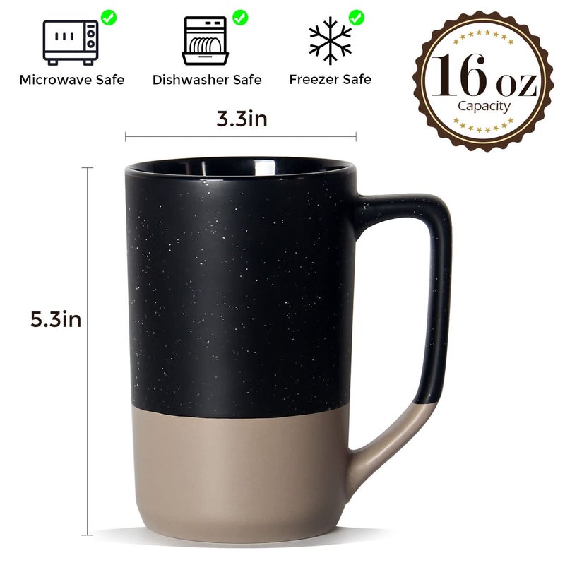 SHOWFULL 16 OZ Large Coffee Mug, Two Color Combination Big Ceramic Tea Cup with Square Handle with White Speckled for Men Women Restaurant Home Office Hot Drinks, Black - Image 2