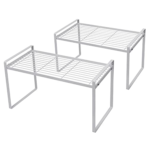 Shantton 2Pack Cabinet Shelf Organizer Storage Rack Space Saving for Kitchen Counter Pantry Bathroom Cupboard Under Sink Office Table Steel Stackable Rust Resistant Heavy Duty Nonslip 16” White - Tall - Image 1