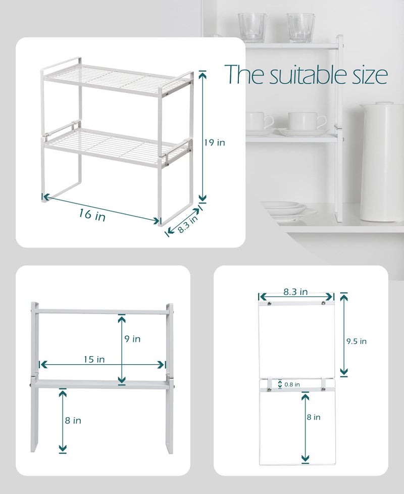 Shantton 2Pack Cabinet Shelf Organizer Storage Rack Space Saving for Kitchen Counter Pantry Bathroom Cupboard Under Sink Office Table Steel Stackable Rust Resistant Heavy Duty Nonslip 16” White - Tall - Image 3