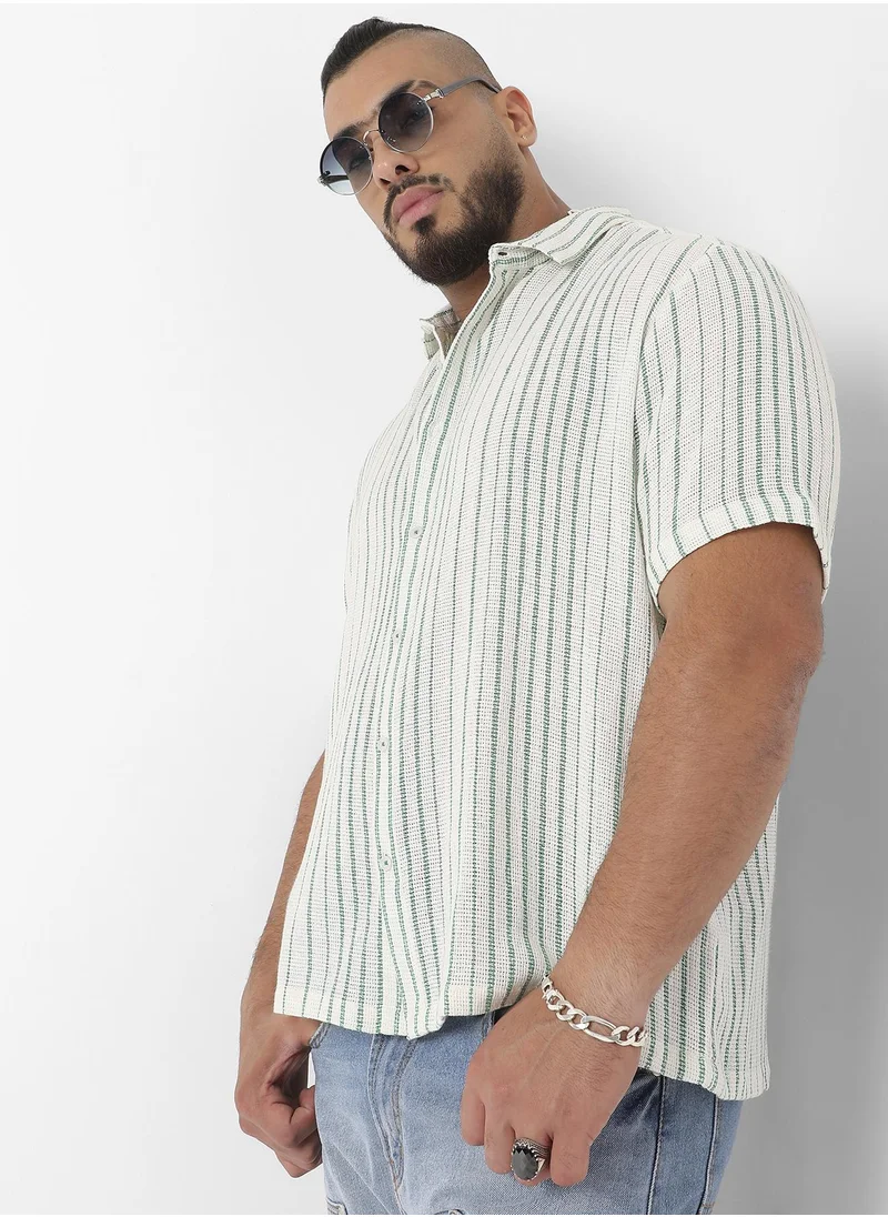 Instafab Plus Men's White & Green Unbalanced Striped Woven Shirt