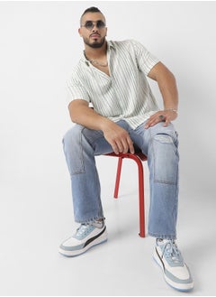 Instafab Plus Men's White & Green Unbalanced Striped Woven Shirt  - Image 3