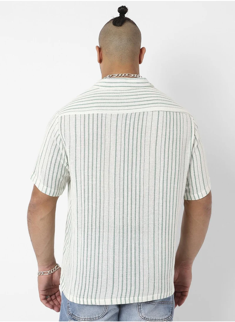 Instafab Plus Men's White & Green Unbalanced Striped Woven Shirt